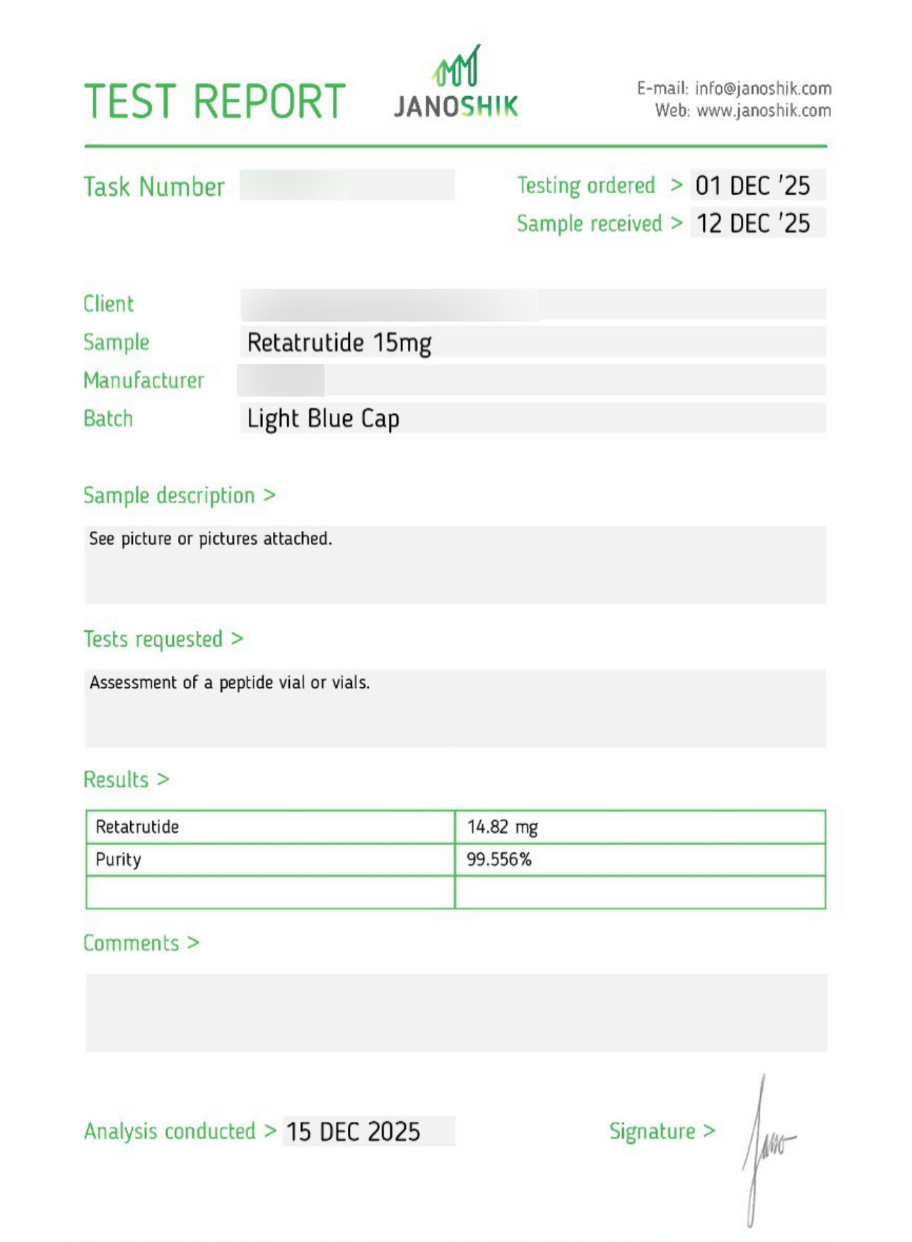 Reta 15mg Certificate of Analysis
